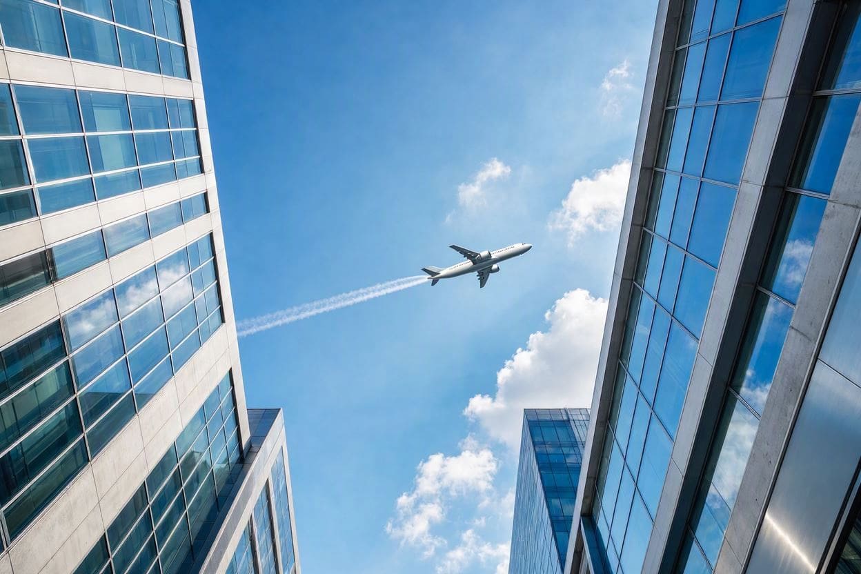 客機飛越玻璃帷幕辦公大樓